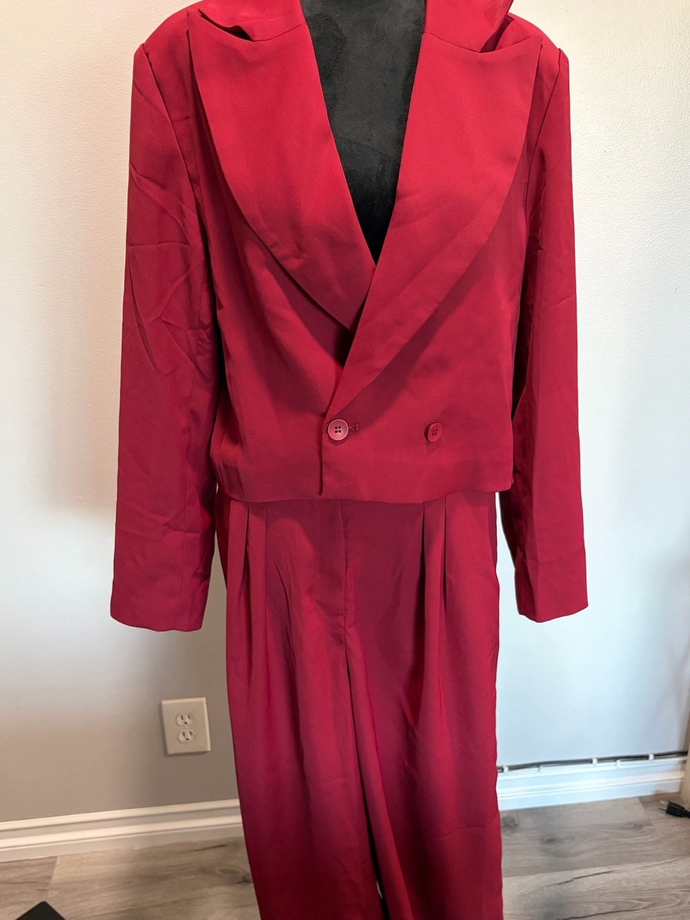 Burgundy Two-Piece Blazer and Wide-Leg Pant Set